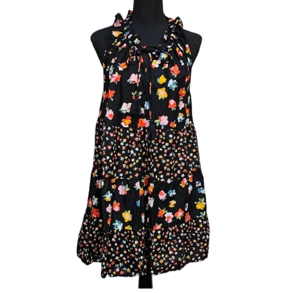 Mud Pie Elgin Swing Dress Floral Ruffle Collar Tiered 100% Cotton Black Size M